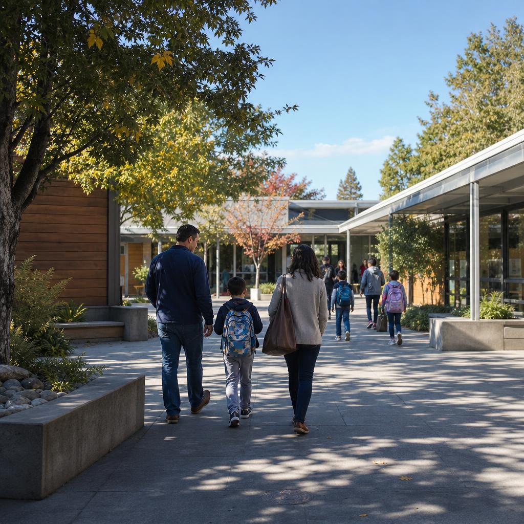 A family walking through a sunlit Bay Area private school campus courtyard on a tour day