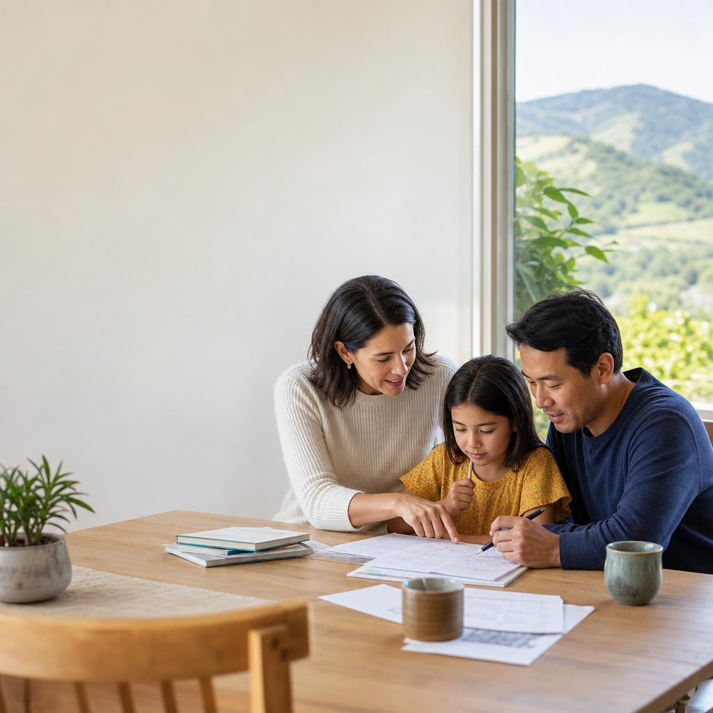 Bay Area parents and their daughter reviewing school admissions paperwork together at their dining table, hills visible through the window