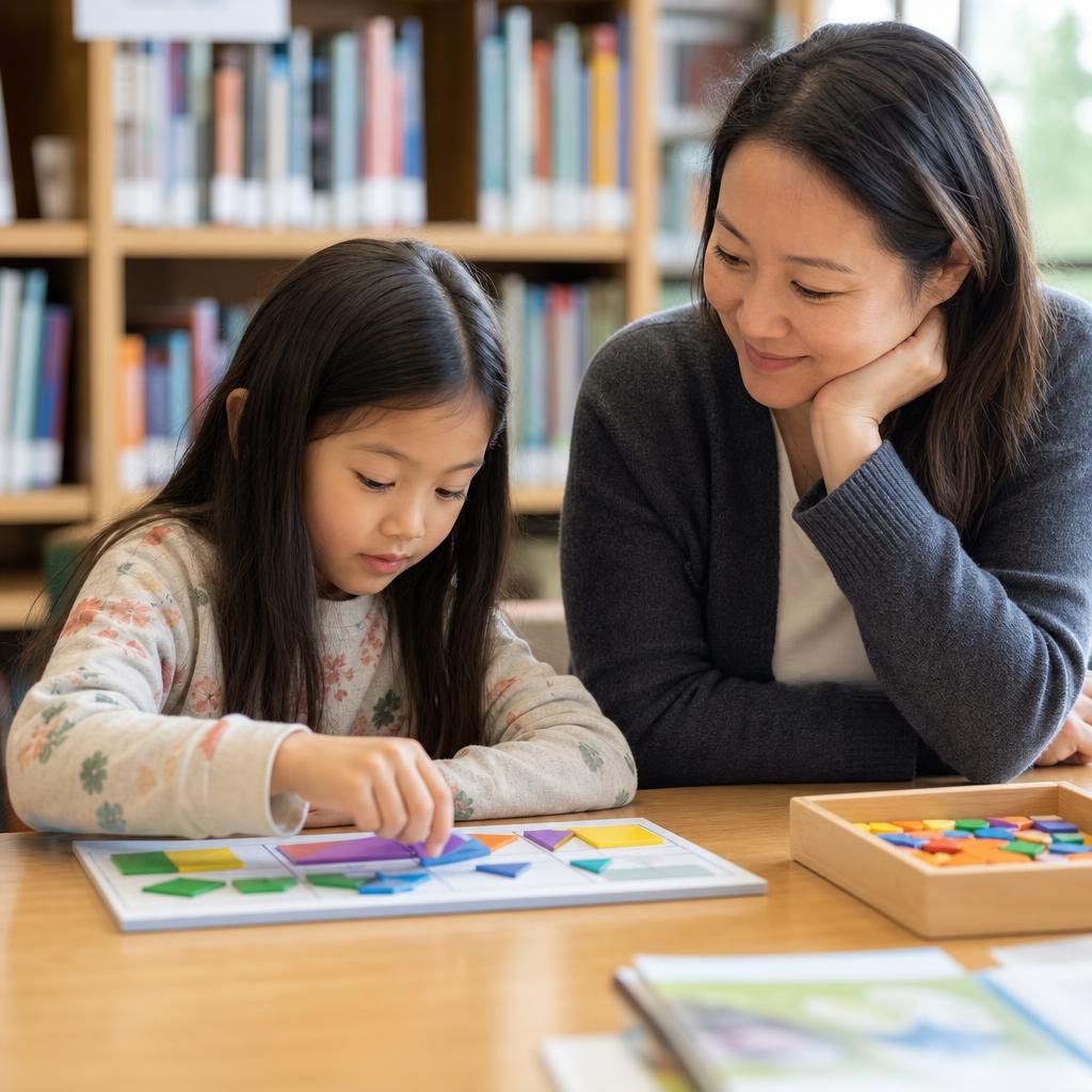 A young girl calmly working through a colorful shape puzzle at a library table while her mother watches with an encouraging smile